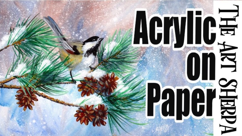 Bird in Winter pine Branch Beginners Acrylic on paper like Watercolor  Tutorial Step by Step