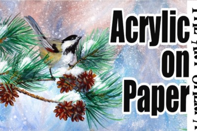 Bird in Winter pine Branch Beginners Acrylic on paper like Watercolor  Tutorial Step by Step