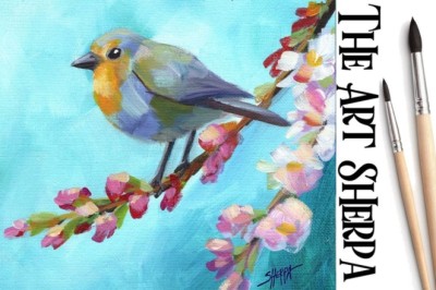 Blue Robin Bird on a Branch with flowers  Beginners Learn to paint Acrylic Tutorial Step by Step