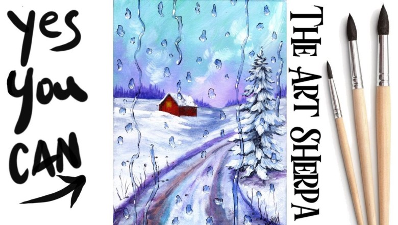 Rainy country Road landscape in Winter Beginners Learn to paint Acrylic Tutorial Step by Step