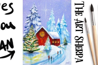 Winter Christmas Landscape with Red Barn Glowing Tree Beginners Acrylic Tutorial Step by Step