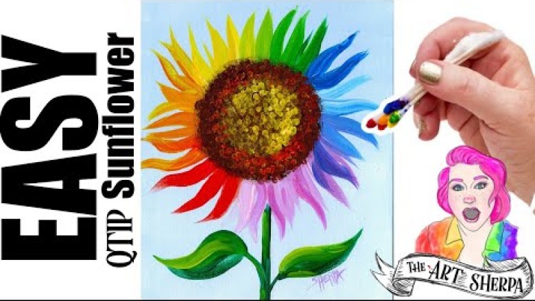 Easy cotton Swab rainbow Sunflower for beginners