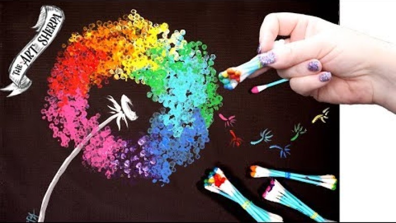 Easy Rainbow Dandelion Q Tip Acrylic Painting for Beginners