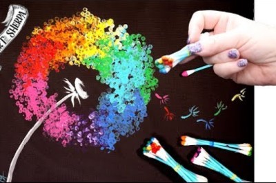 Easy Rainbow Dandelion Q Tip Acrylic Painting for Beginners
