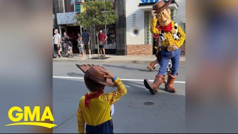 Boy dresses up as Woody and surprises the real Woody and Buzz at Disney
