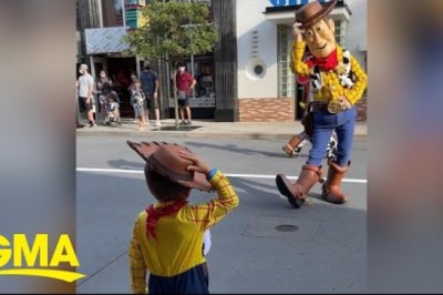 Boy dresses up as Woody and surprises the real Woody and Buzz at Disney