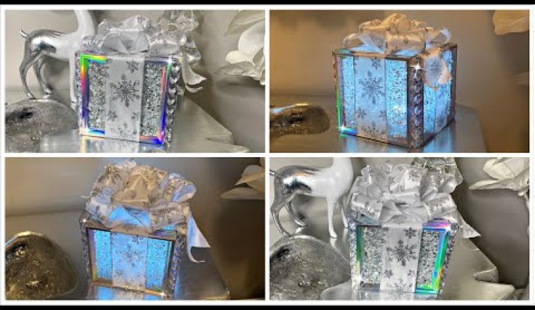 DIY Dollar Tree Light up Crushed Glass Gift Box Christmas Decor