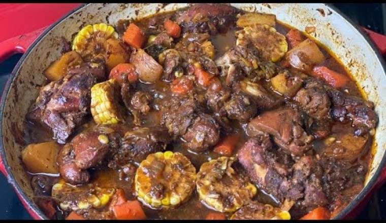 Jamaican Brown Stew Chicken with Sweet Corn and Potatoes!