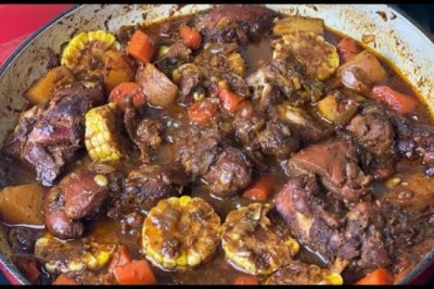 Jamaican Brown Stew Chicken with Sweet Corn and Potatoes!